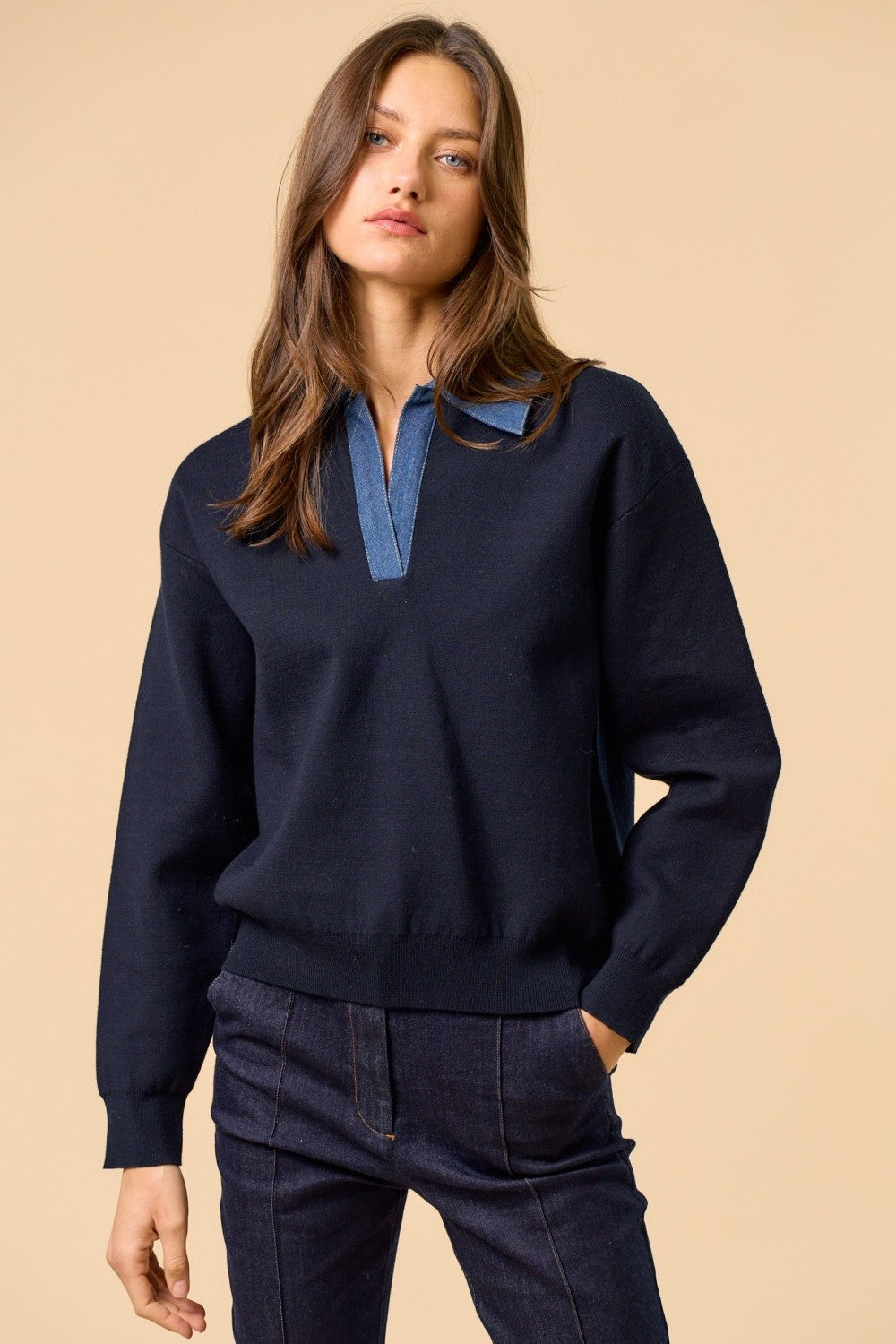 Long Sleeve Sweater With Denim Collar