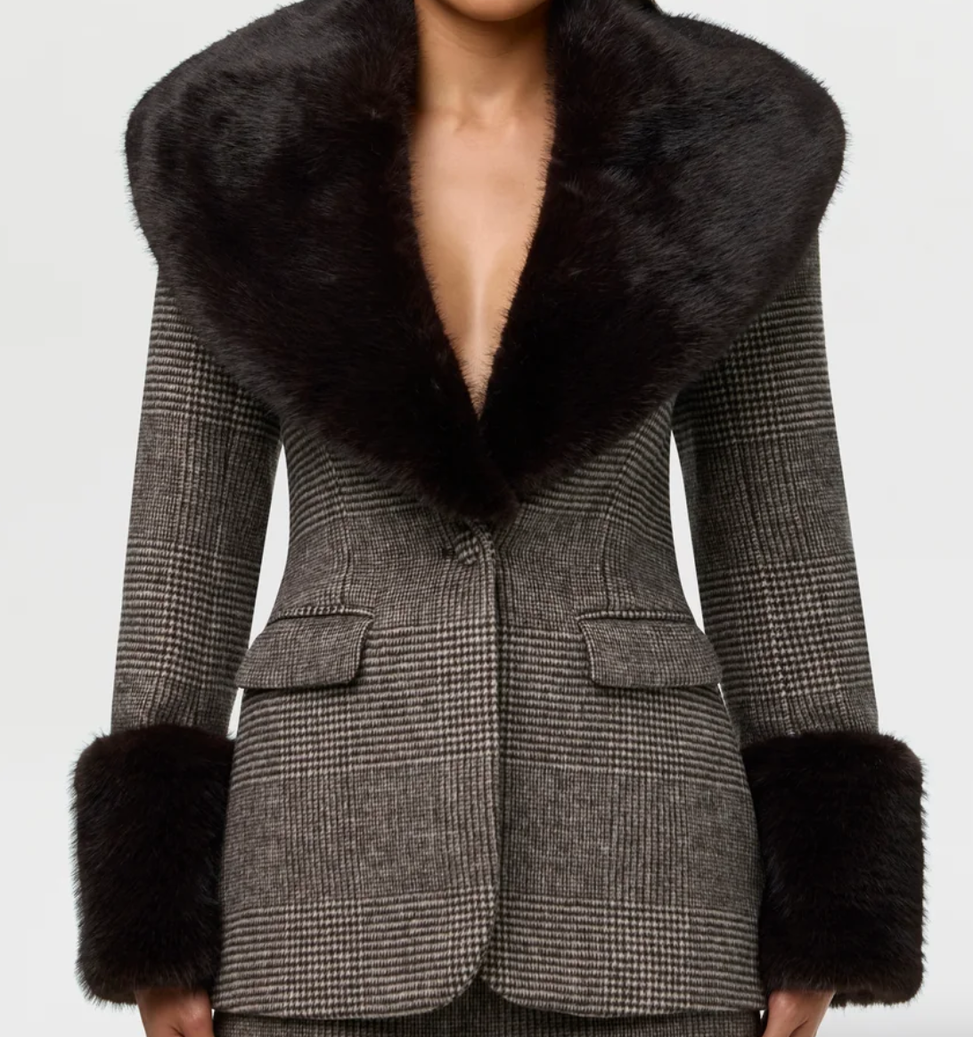 Suiting Houndstooth Faux Fur Blazer