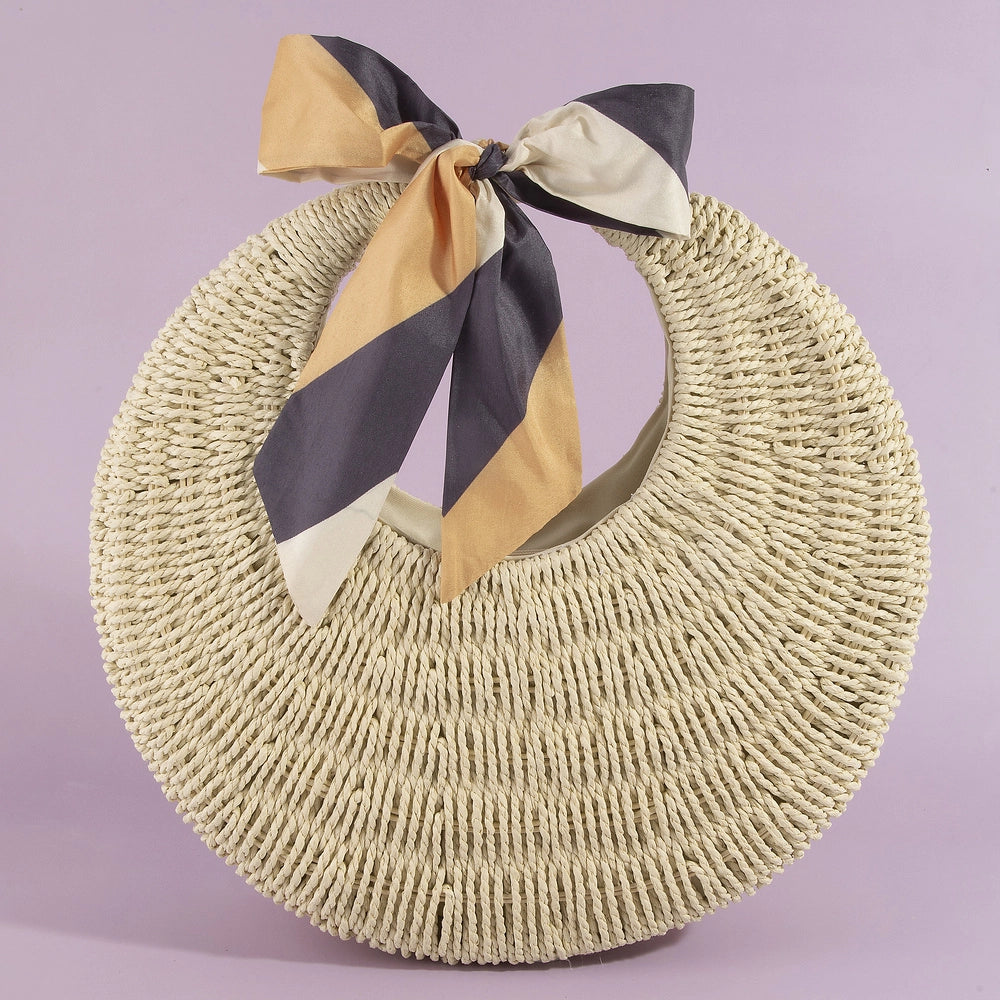 Round Woven Straw Bag with Bow Scarf Accent